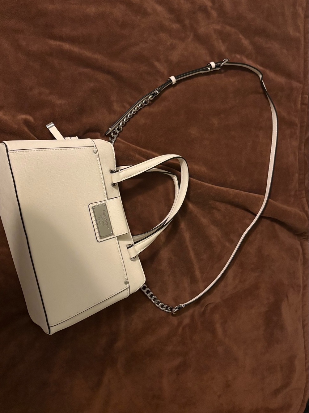 Calvin Klein Cream Leather Satchel with Chain-Detail Strap